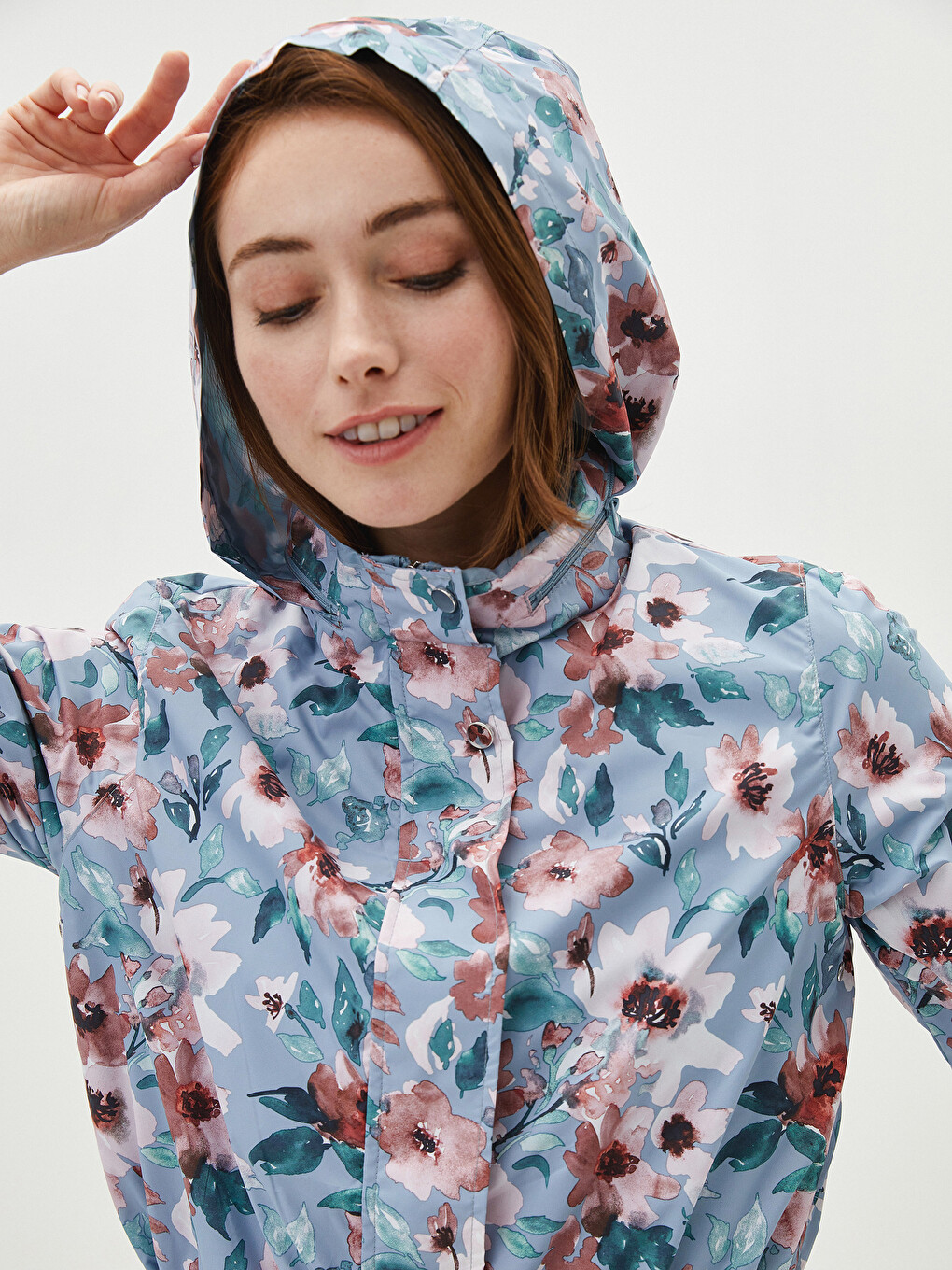 Women's Raincoat with Hidden Hooded Floral Print Long Sleeve