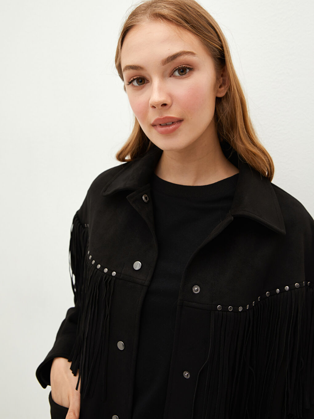 LCW Vision Hemdkragen Fransen Taschen Detail Langarm Wildlederstoff Dünner Mantel für Damen -W10122Z8-CVL