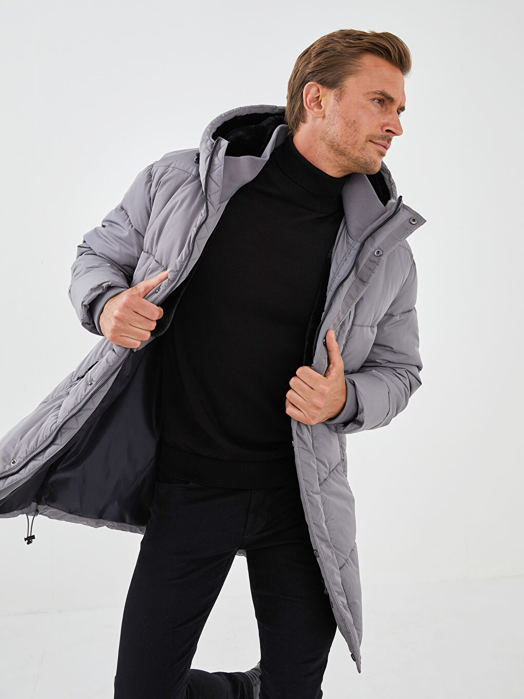 Slim Fit Kapüşonlu Uzun Erkek Şişme Mont