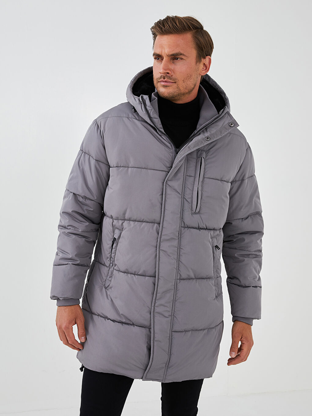 Slim Fit Kapüşonlu Uzun Erkek Şişme Mont-1