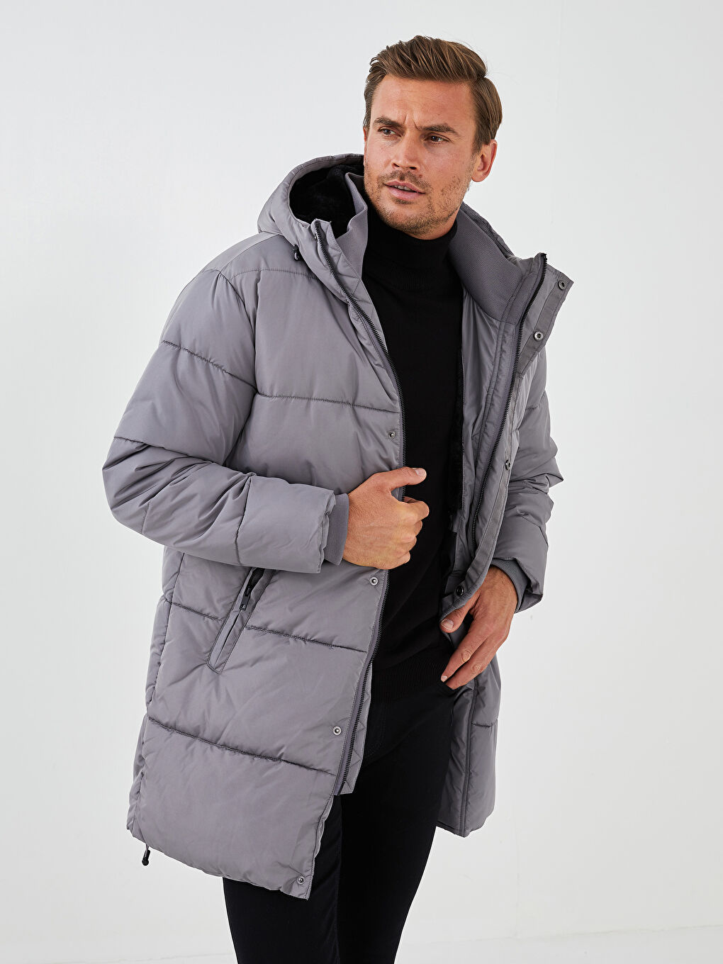 Slim Fit Kapüşonlu Uzun Erkek Şişme Mont-2