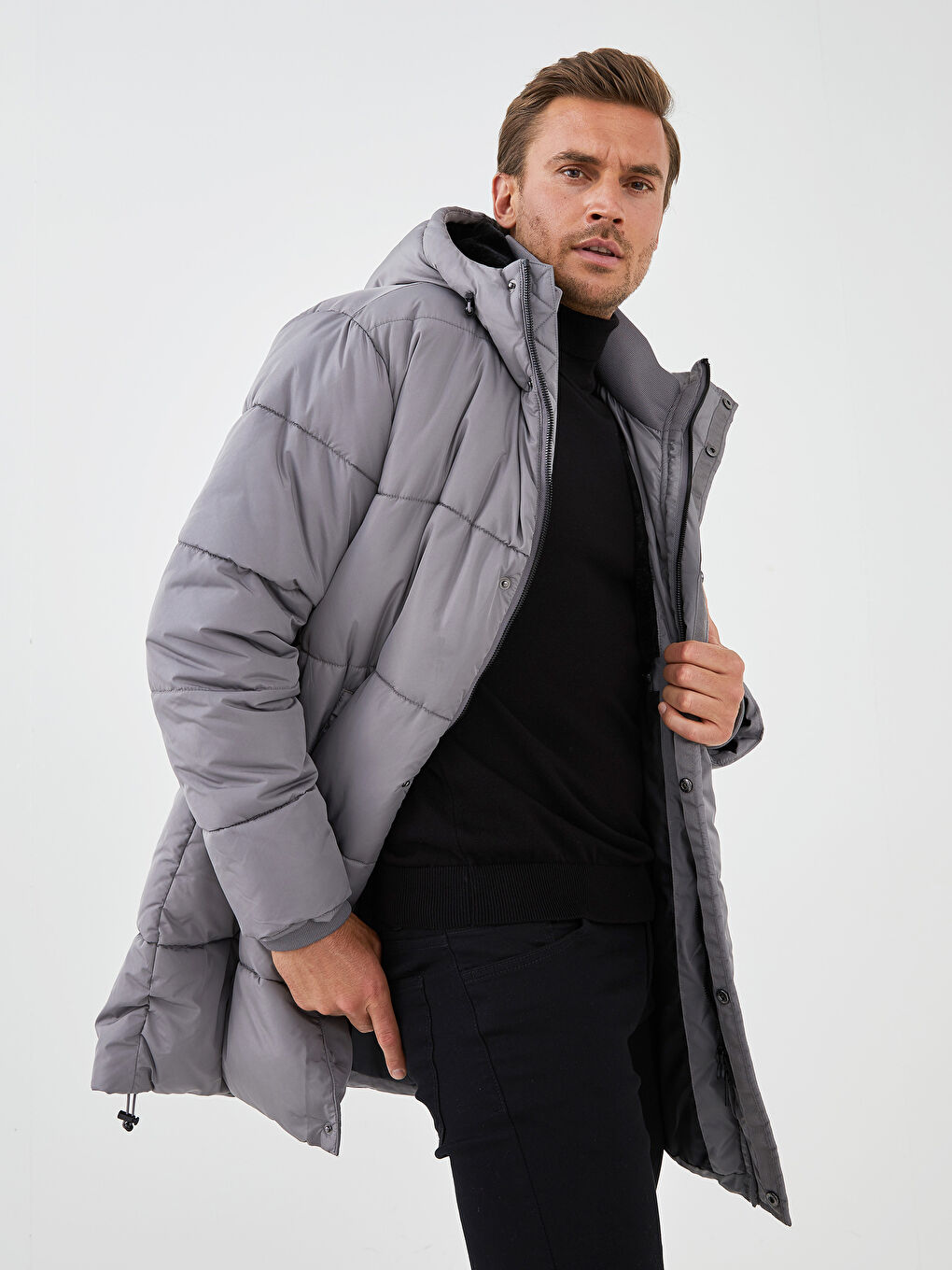 Slim Fit Kapüşonlu Uzun Erkek Şişme Mont-3