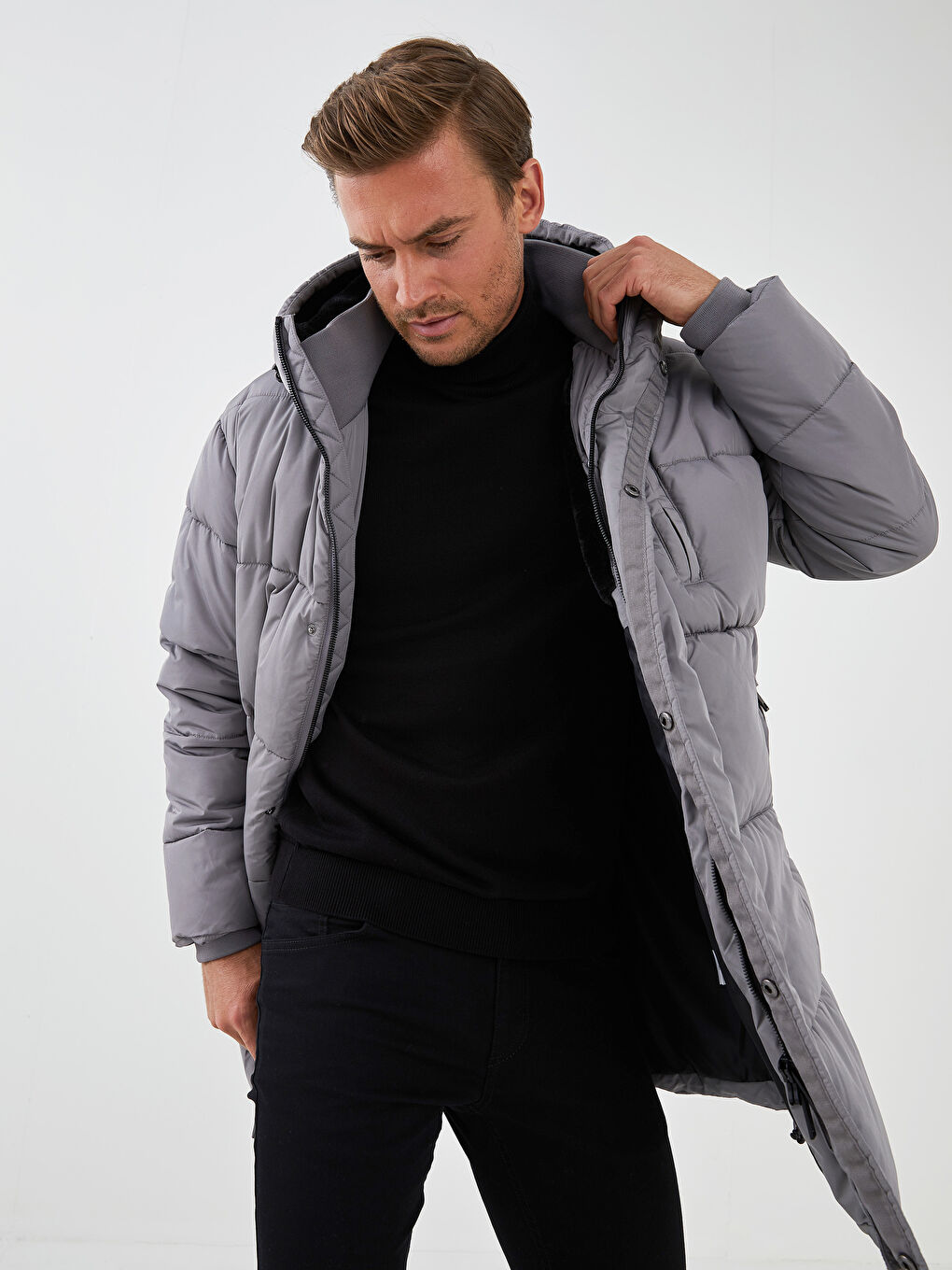 Slim Fit Kapüşonlu Uzun Erkek Şişme Mont-5