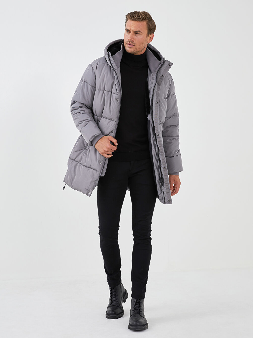 Slim Fit Kapüşonlu Uzun Erkek Şişme Mont-6