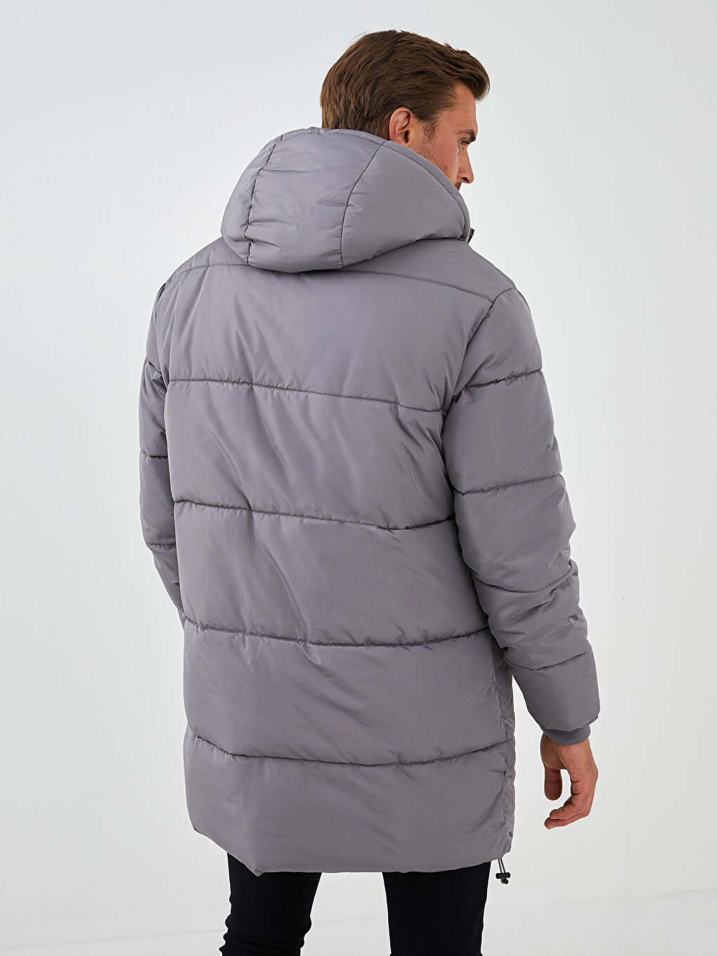 Slim Fit Kapüşonlu Uzun Erkek Şişme Mont-7