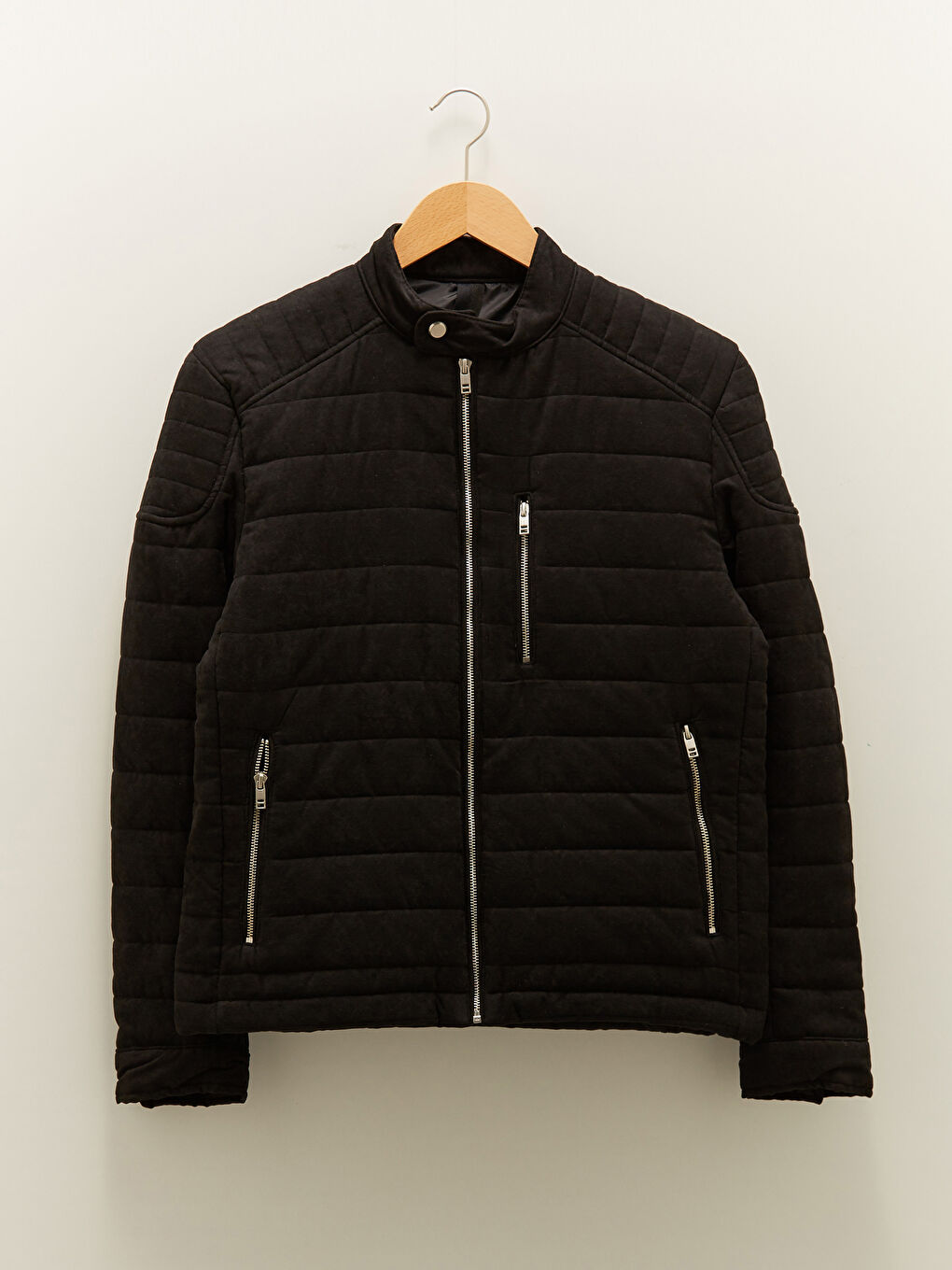 Manteau Épais en Suède à Col Motard Svelte pour Hommes-5