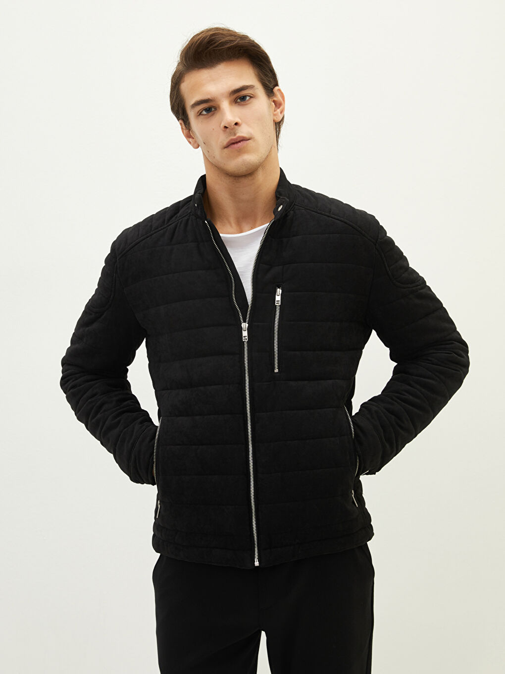 Manteau Épais en Suède à Col Motard Svelte pour Hommes-1