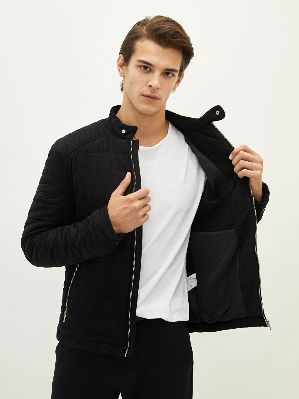 Manteau Épais en Suède à Col Motard Svelte pour Hommes-2