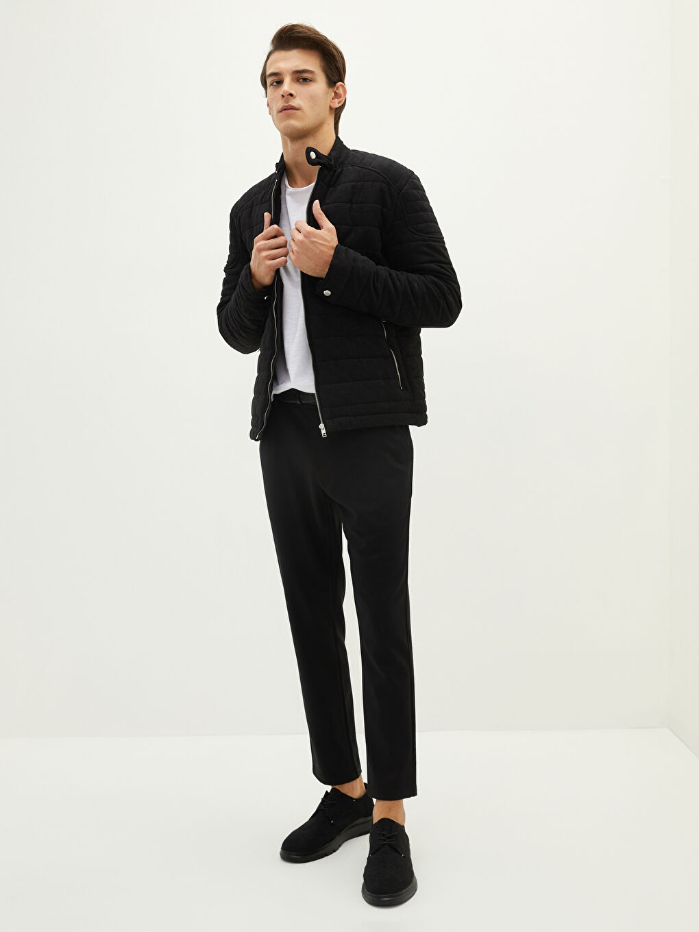 Manteau Épais en Suède à Col Motard Svelte pour Hommes-3