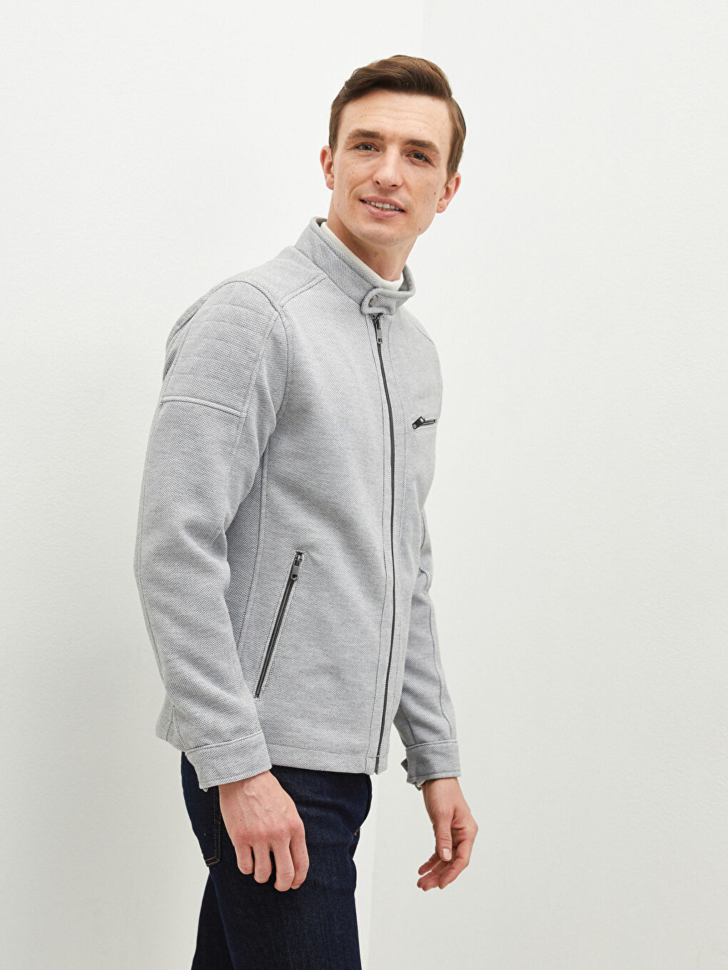 Gri Slim Fit Biker Yaka İnce Erkek Mont-1