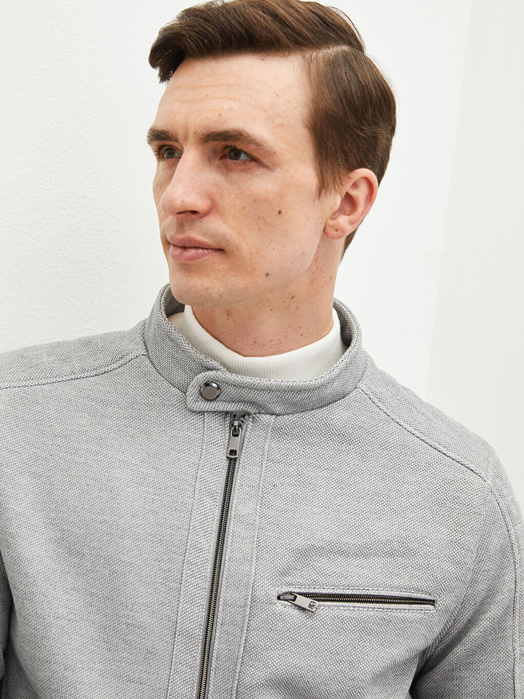 Gri Slim Fit Biker Yaka İnce Erkek Mont-2