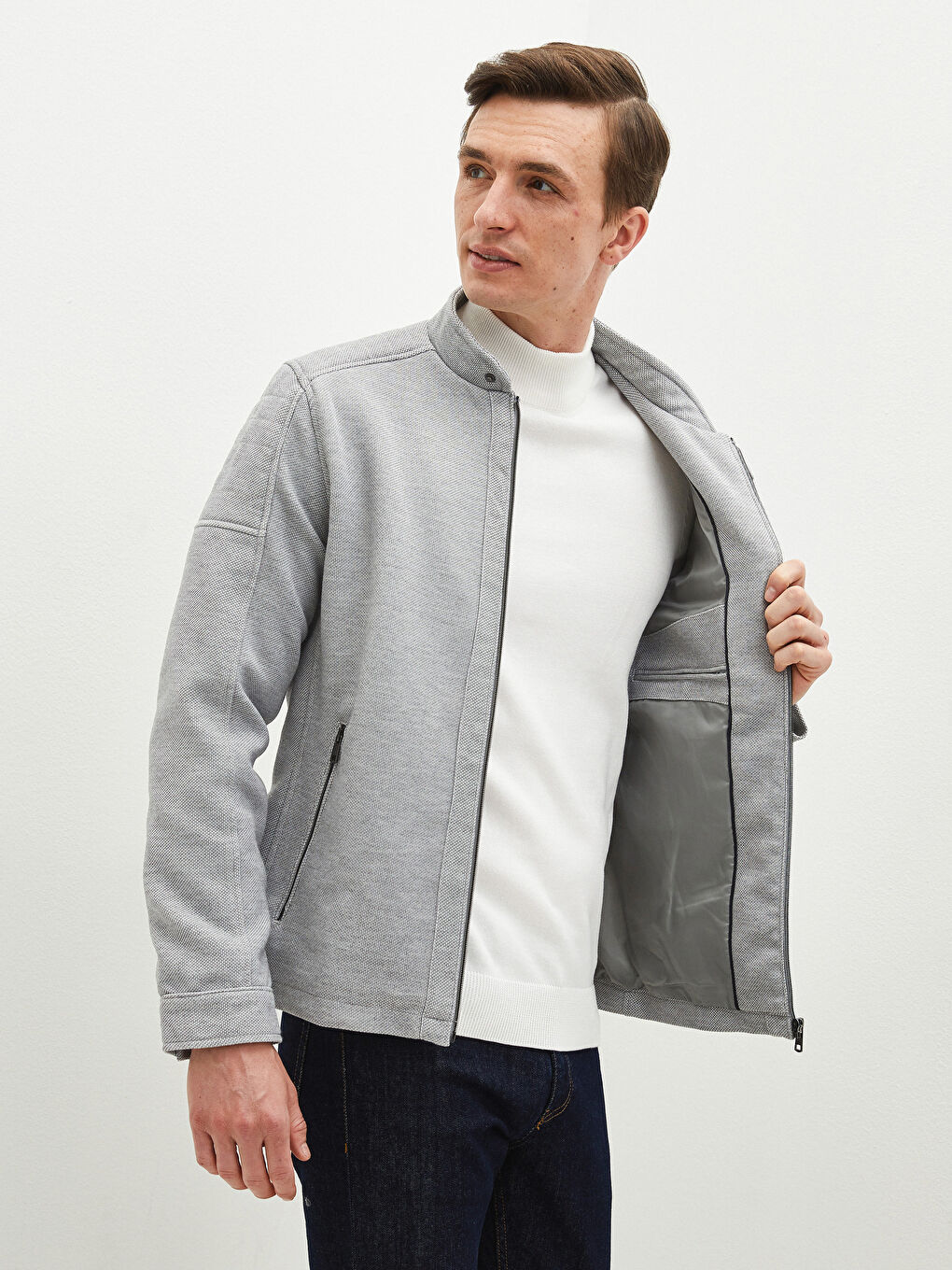 Gri Slim Fit Biker Yaka İnce Erkek Mont-3