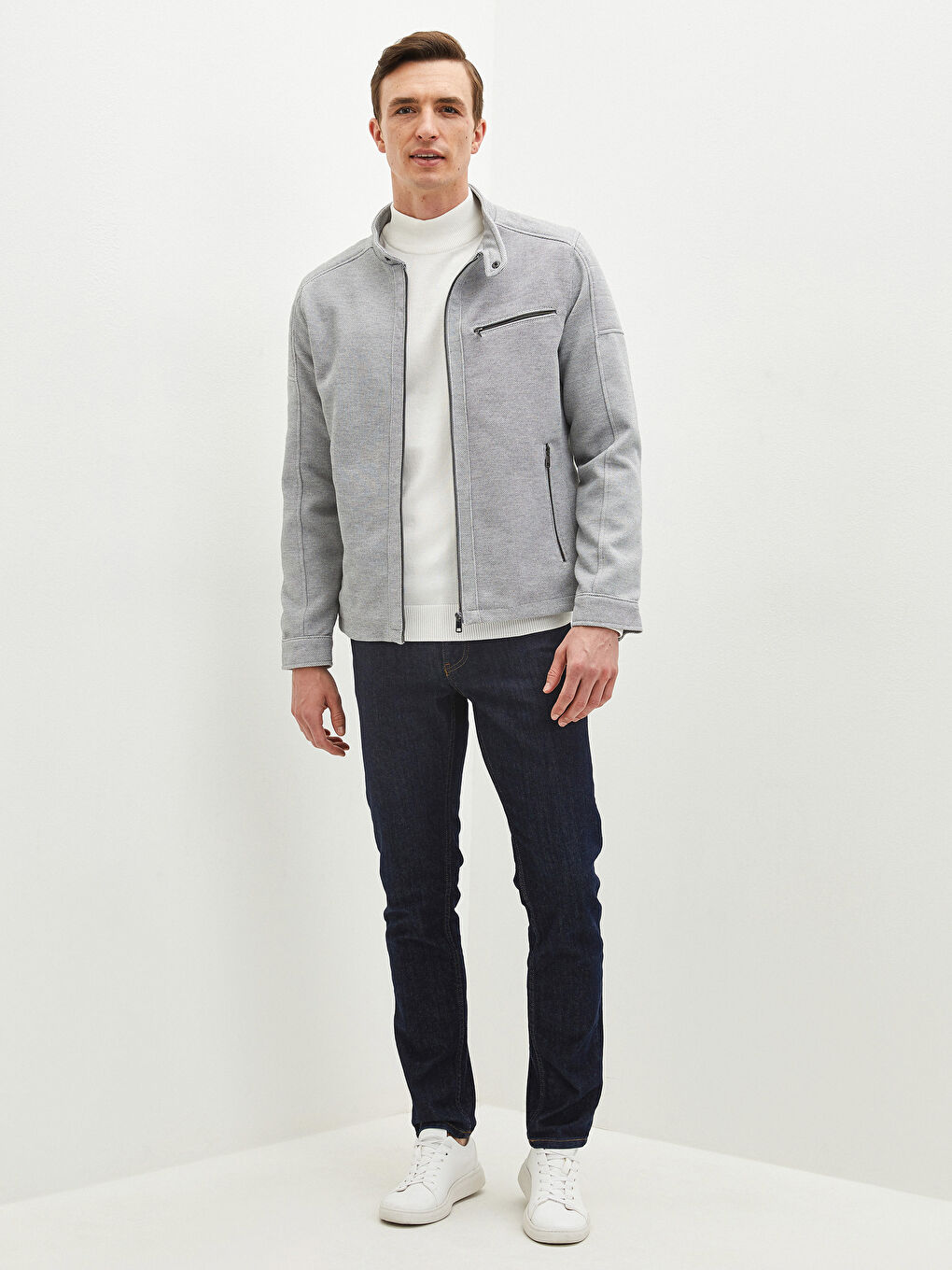 Gri Slim Fit Biker Yaka İnce Erkek Mont-4