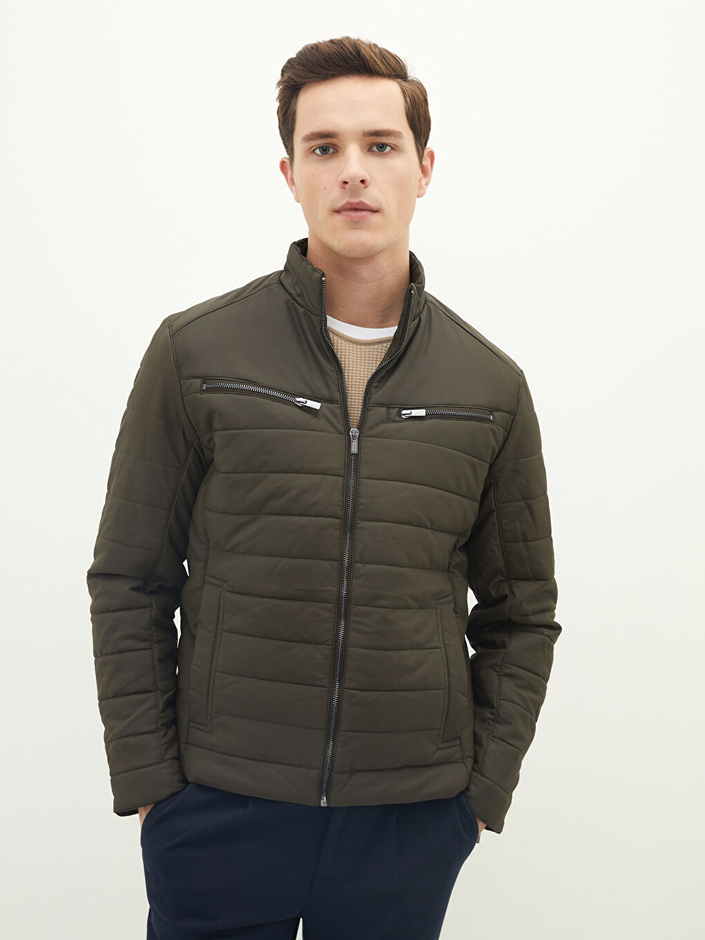 Haki Slim Fit Dik Yaka Erkek Deri Görünümlü Mont