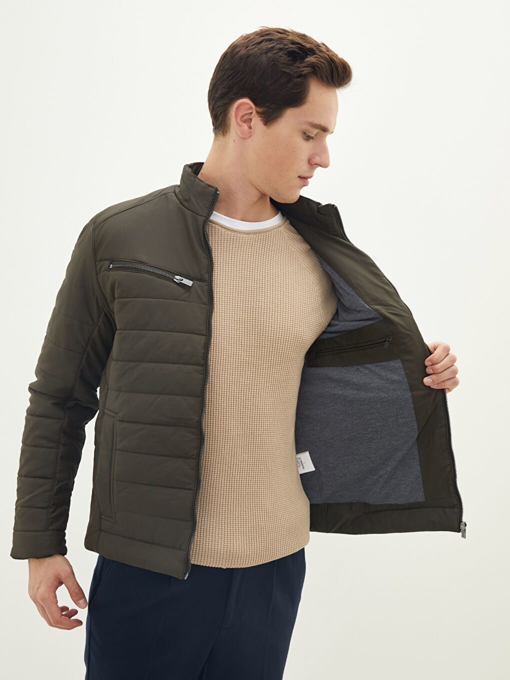 Haki Slim Fit Dik Yaka Erkek Deri Görünümlü Mont-1