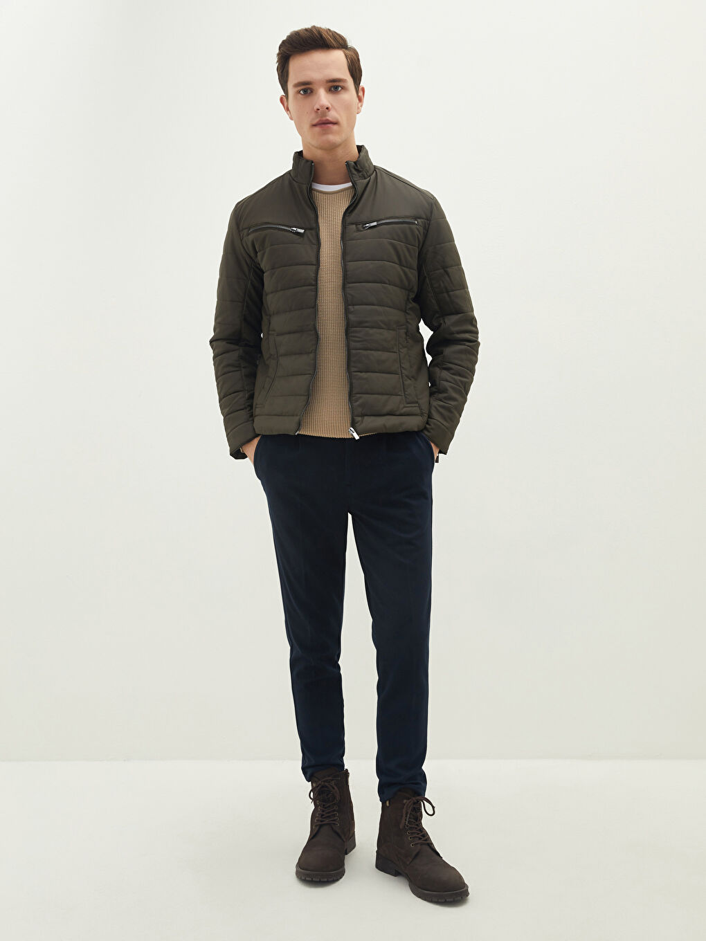 Haki Slim Fit Dik Yaka Erkek Deri Görünümlü Mont-2