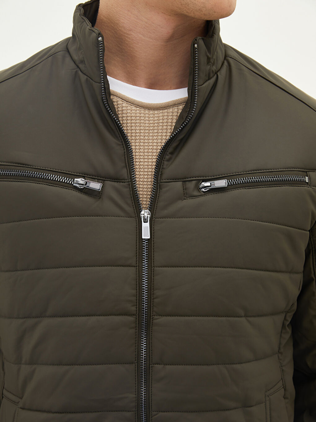 Haki Slim Fit Dik Yaka Erkek Deri Görünümlü Mont-3