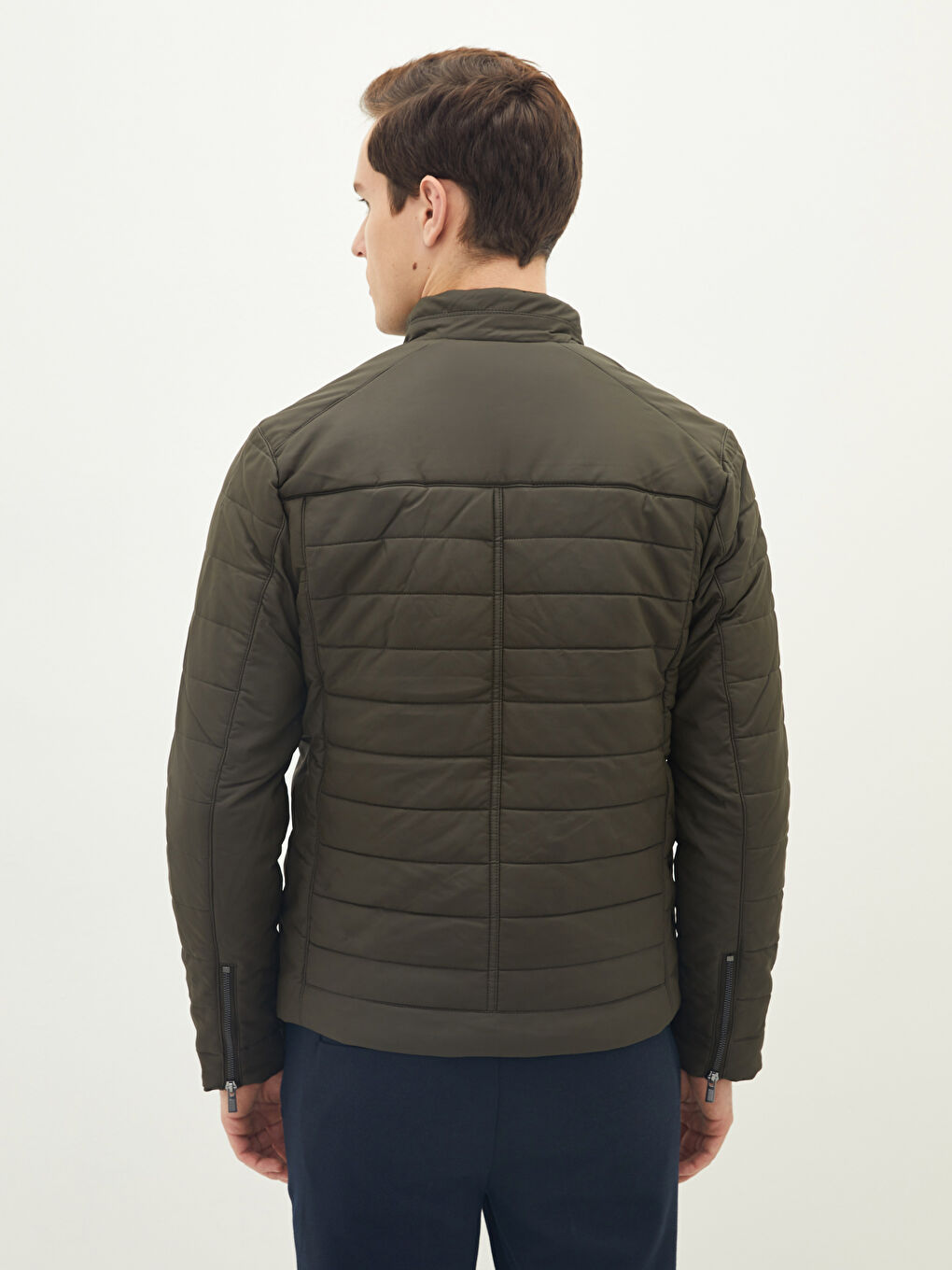 Haki Slim Fit Dik Yaka Erkek Deri Görünümlü Mont-4