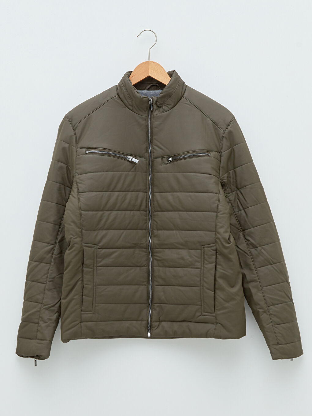 Haki Slim Fit Dik Yaka Erkek Deri Görünümlü Mont-5