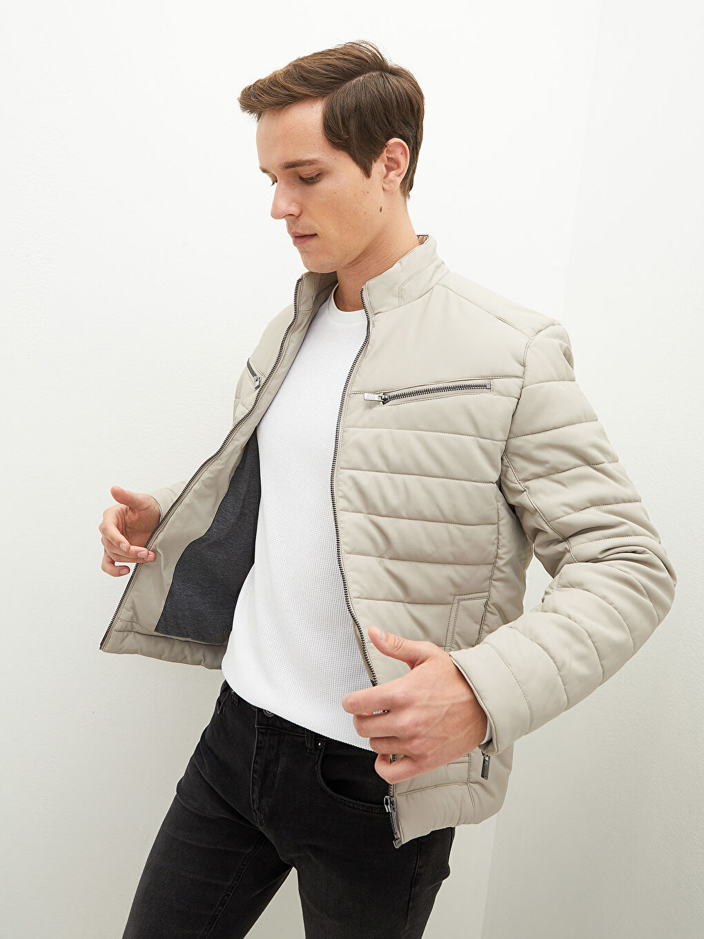 Bej Slim Fit Dik Yaka Erkek Deri Görünümlü Mont-2