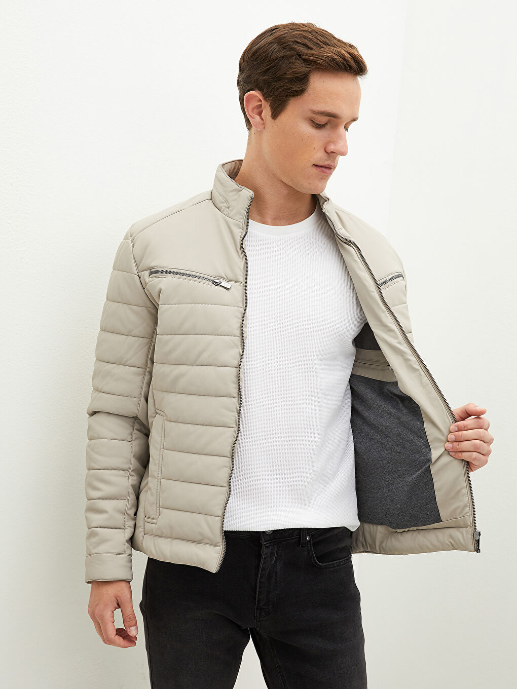 Bej Slim Fit Dik Yaka Erkek Deri Görünümlü Mont-3