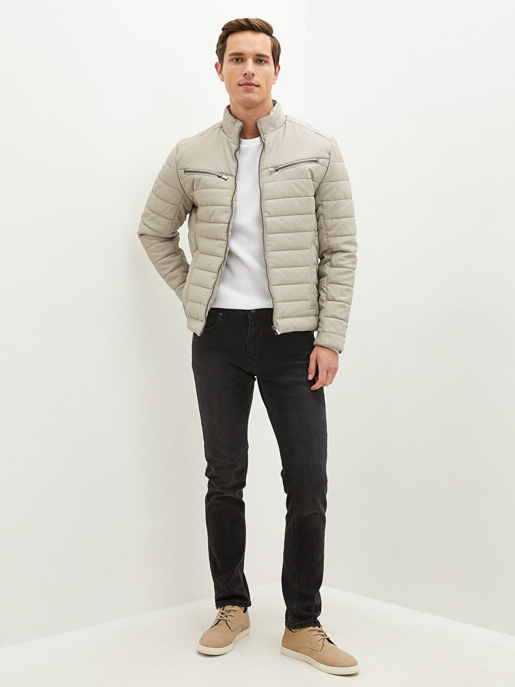 Bej Slim Fit Dik Yaka Erkek Deri Görünümlü Mont-4