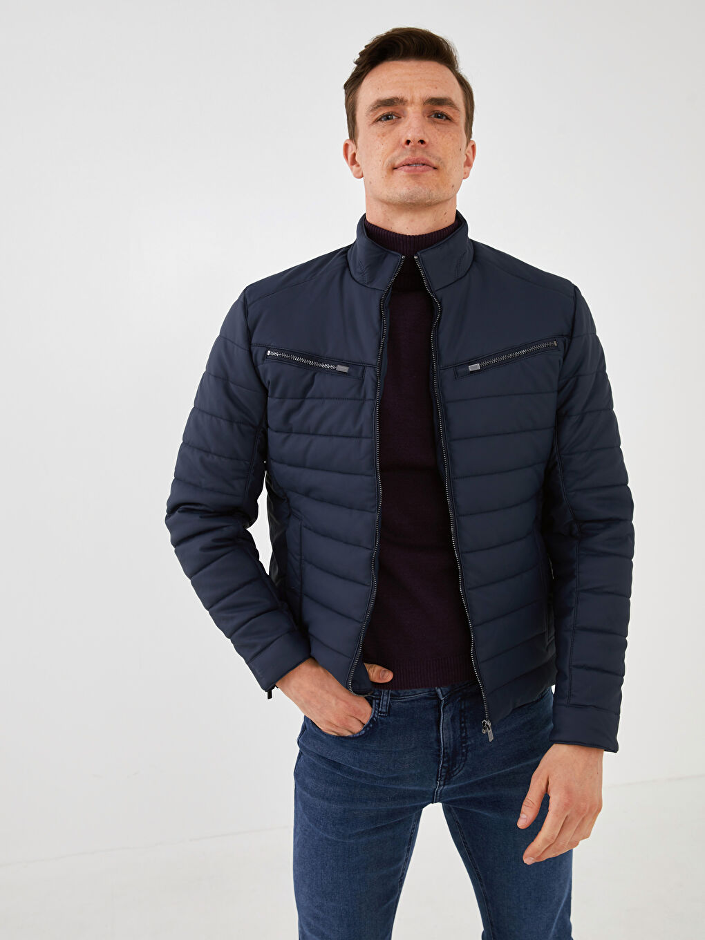 Пальто из искусственной кожи слим фит с воротником-труба для мужчин-5