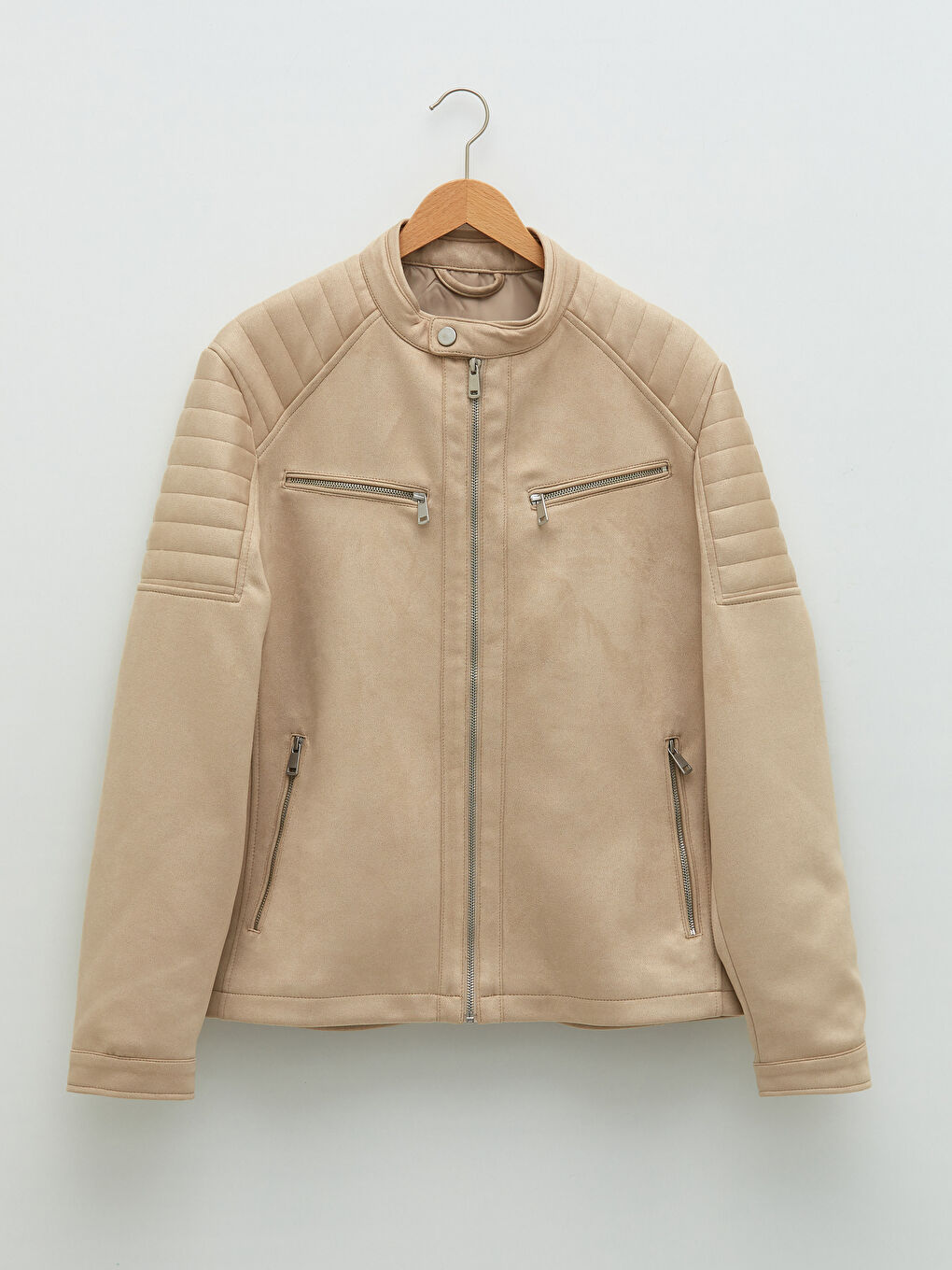 Bej Slim Fit Biker Yaka İnce Süet Erkek Mont-5