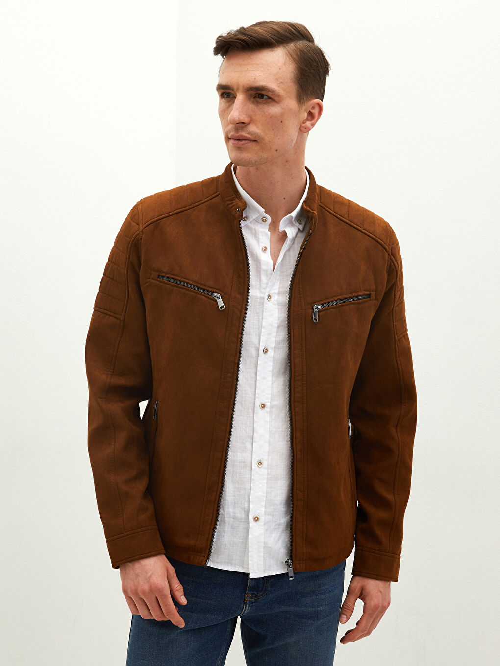 Muška slim fit jakna od imitacije prevrnute kože -W10167Z8-JJL