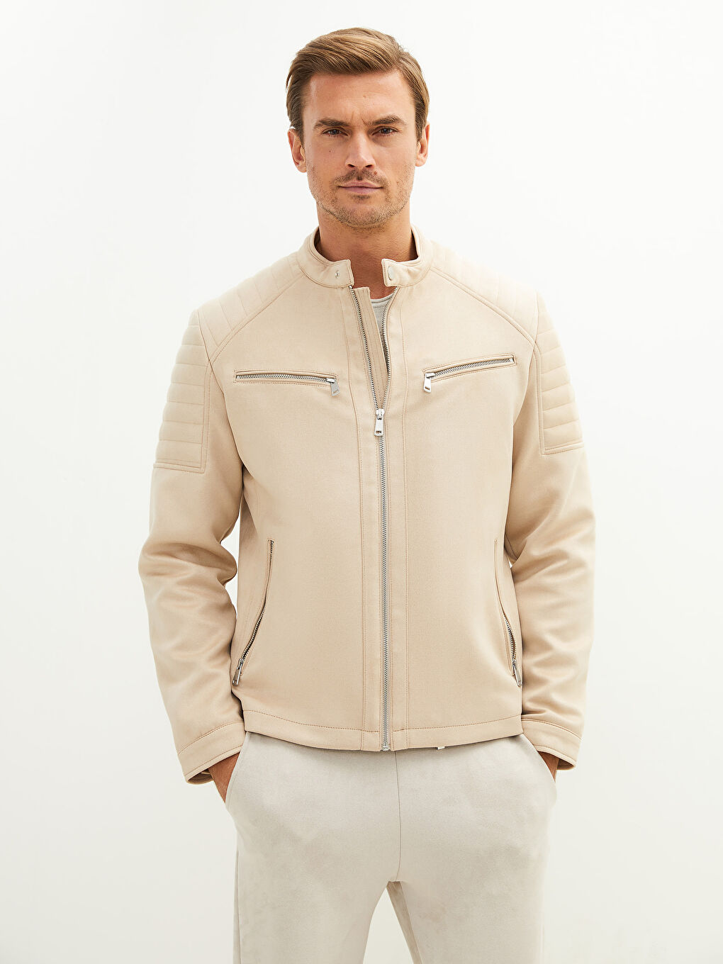 Bej Slim Fit Biker Yaka İnce Süet Erkek Mont