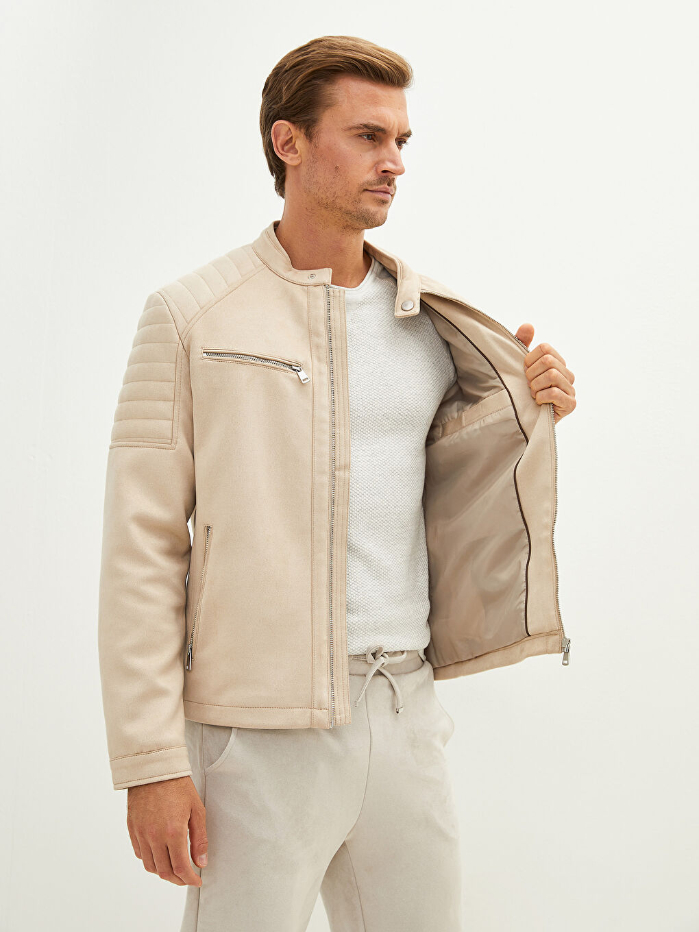 Bej Slim Fit Biker Yaka İnce Süet Erkek Mont-2