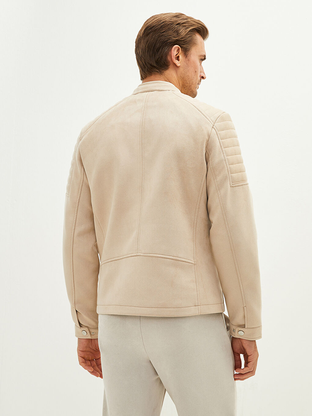 Bej Slim Fit Biker Yaka İnce Süet Erkek Mont-4