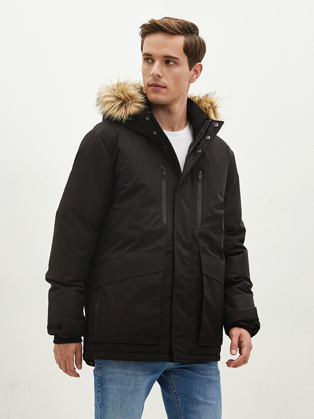 Slim Fit Fur Hooded Thick Men's Coat-2