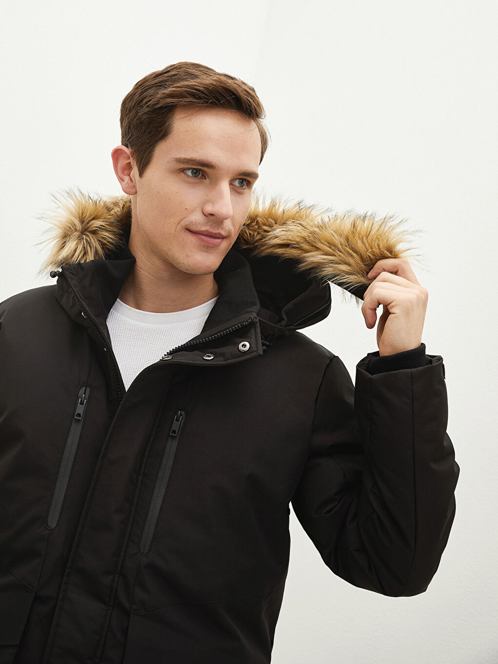 Slim Fit Fur Hooded Thick Men's Coat-3