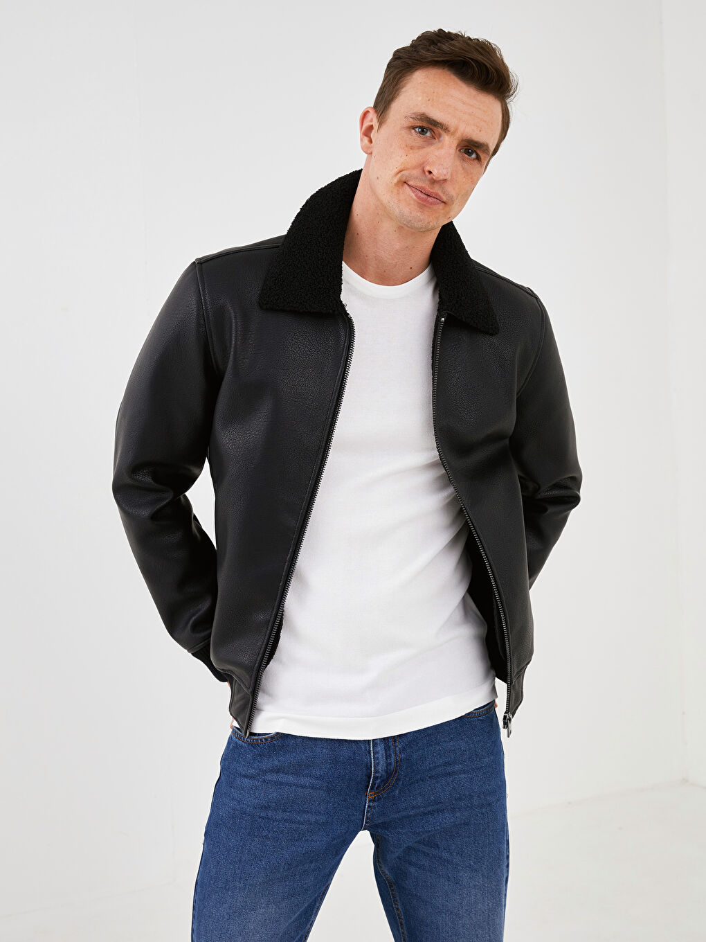 Siyah Slim Fit Pilot Yaka Erkek Deri Görünümlü Mont-2