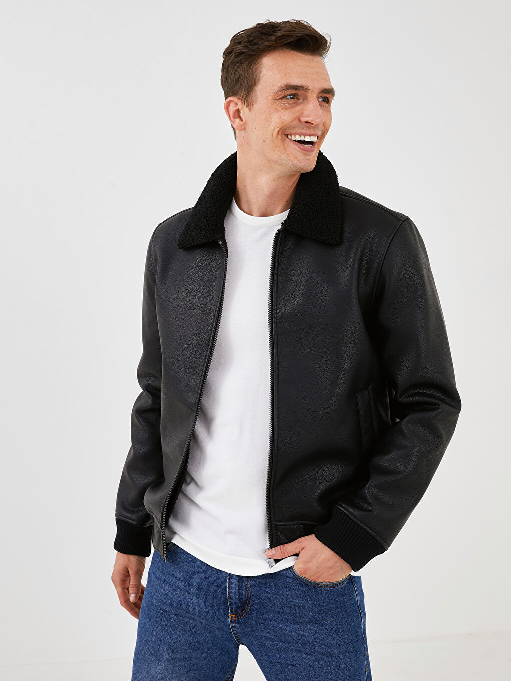 Siyah Slim Fit Pilot Yaka Erkek Deri Görünümlü Mont-3