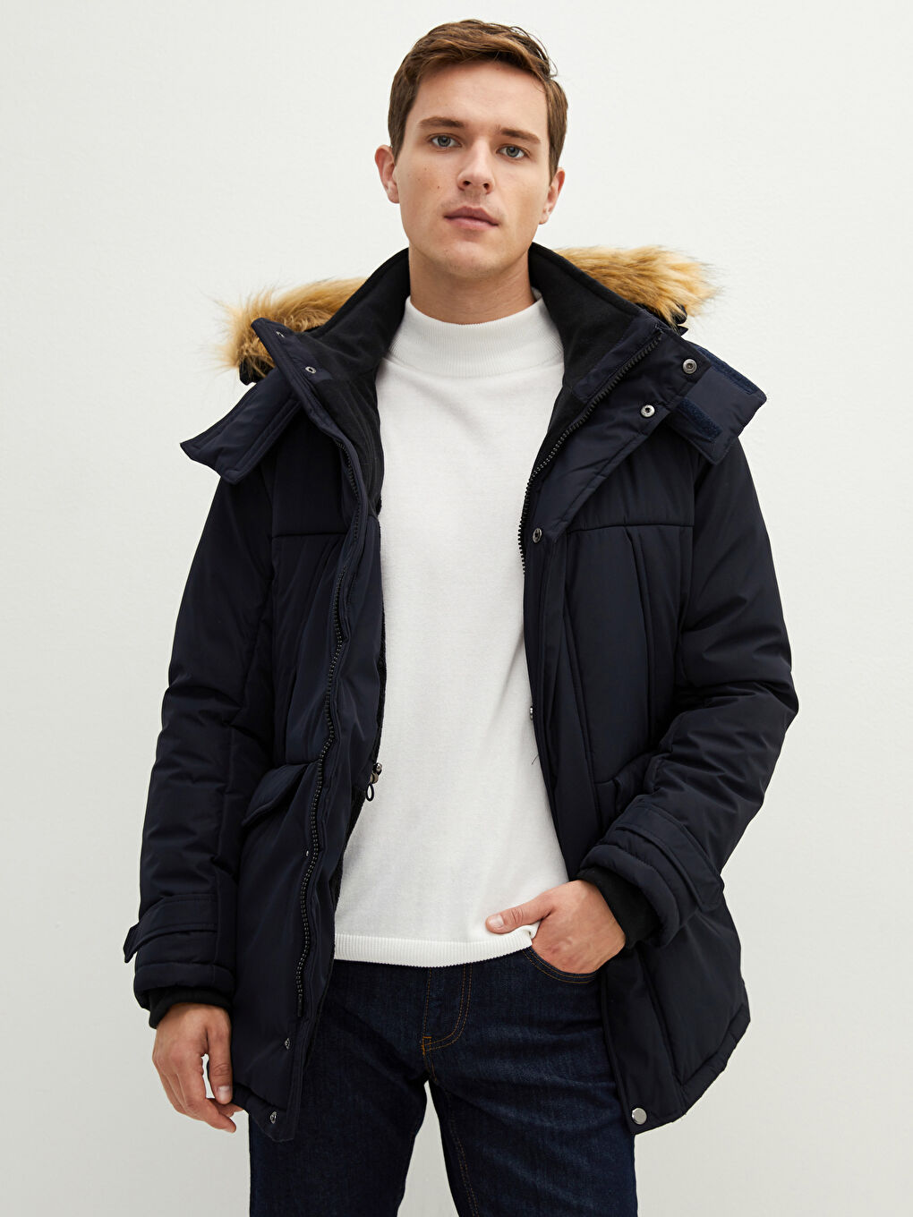 Slim Fit Fur Hooded Thick Men's Parka-5