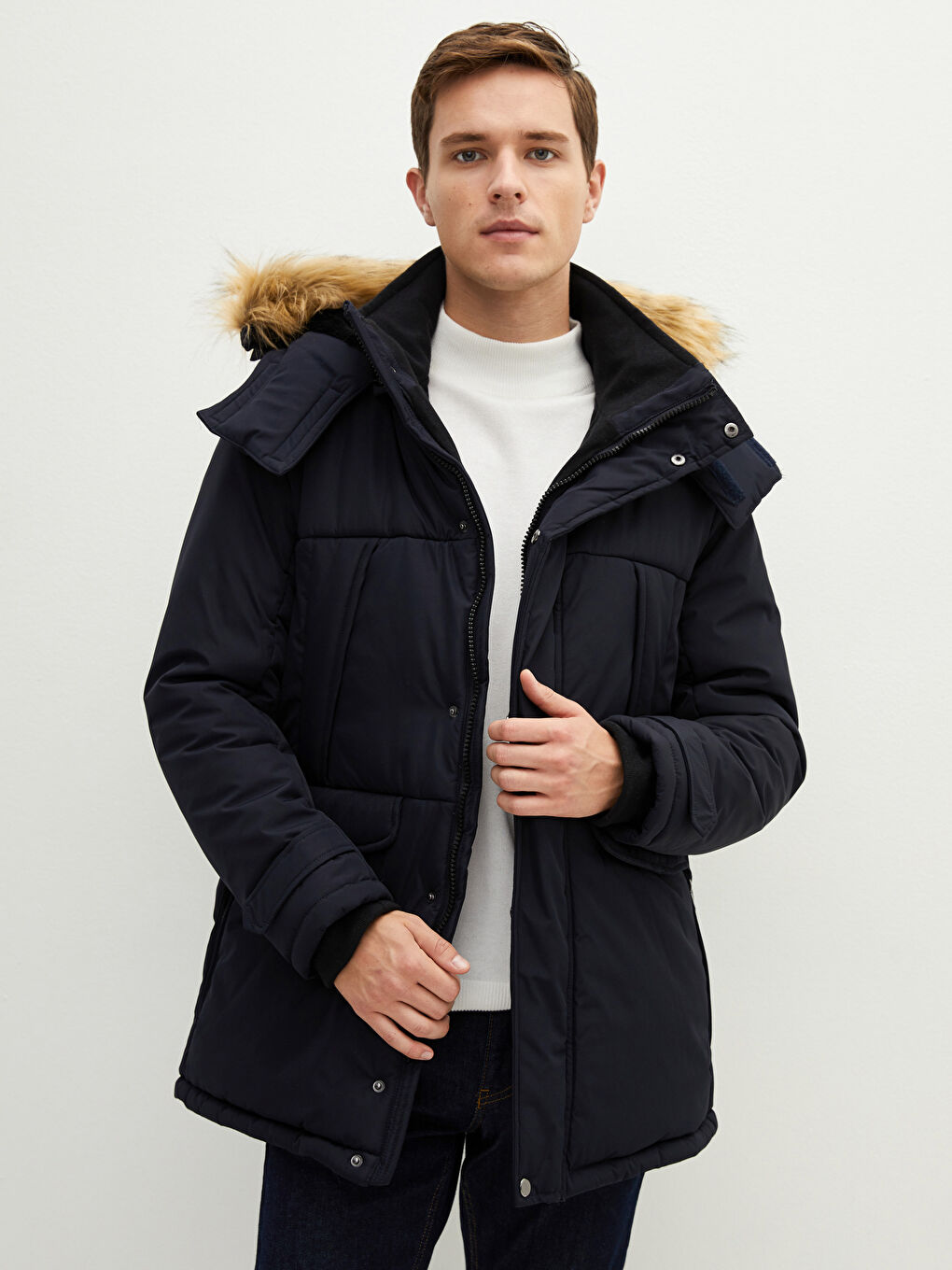 Slim Fit Fur Hooded Thick Men's Parka