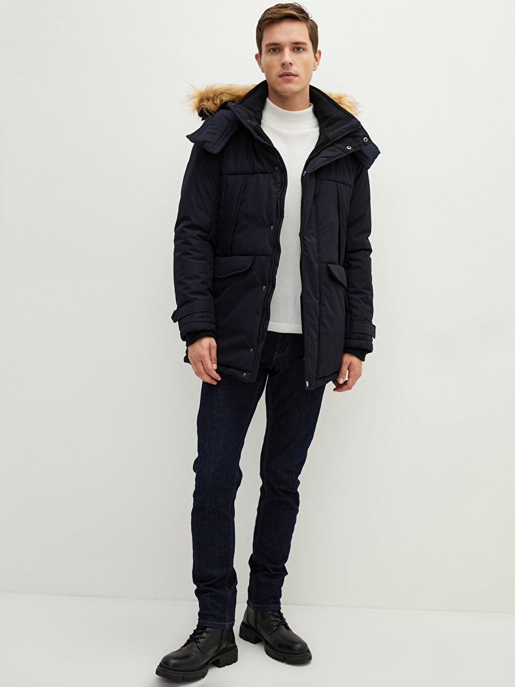Slim Fit Fur Hooded Thick Men's Parka-1