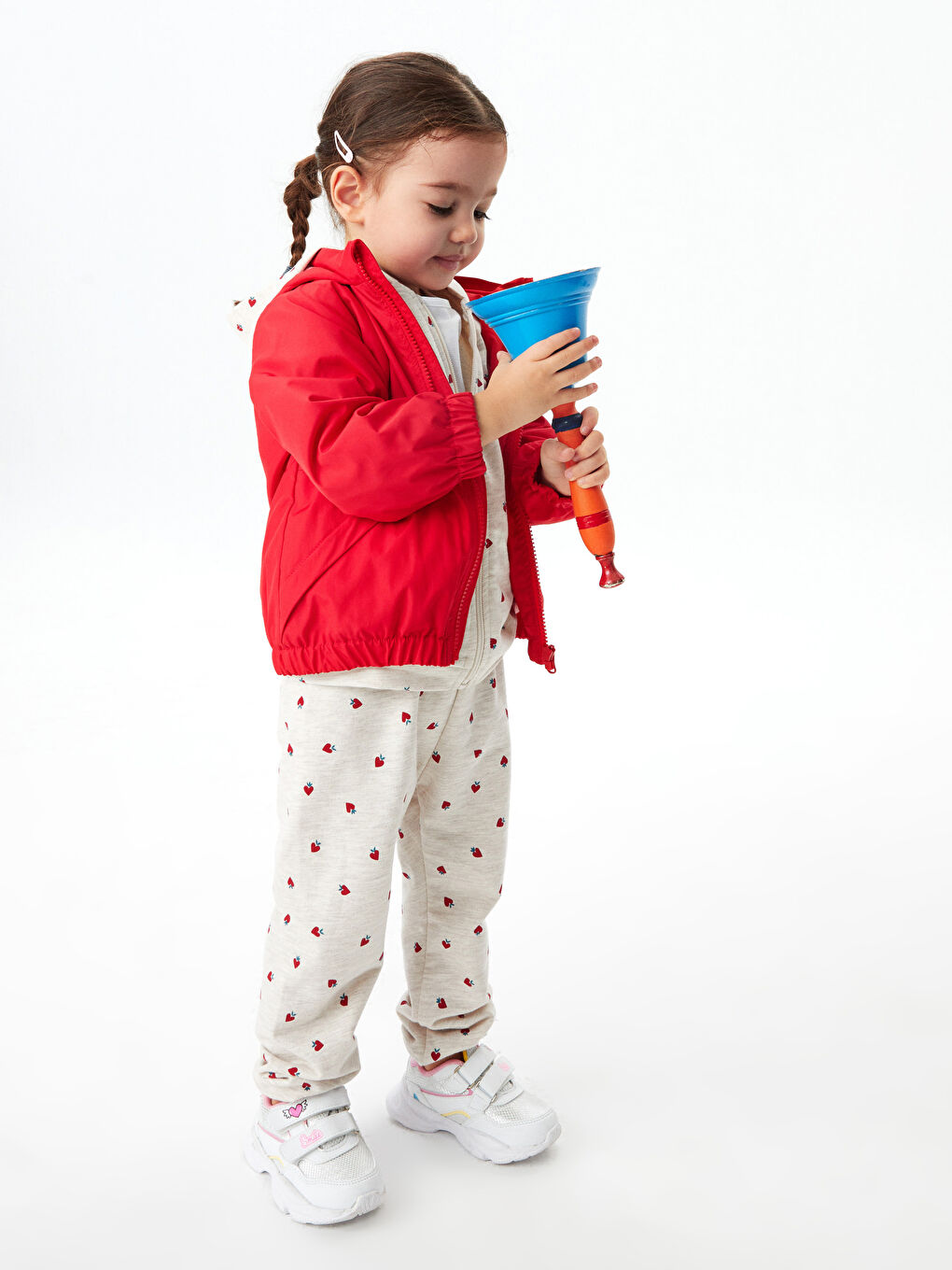 Kırmızı Kapüşonlu Uzun Kollu Basic Kız Bebek Fermuarlı Yağmurluk-3