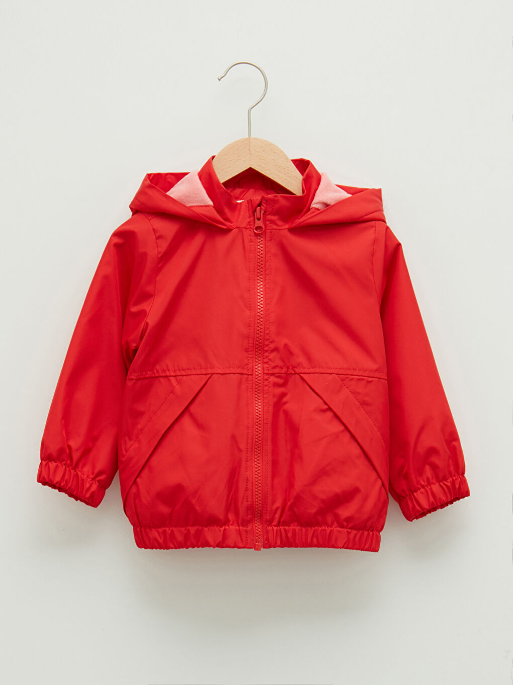 Kırmızı Kapüşonlu Uzun Kollu Basic Kız Bebek Fermuarlı Yağmurluk-4