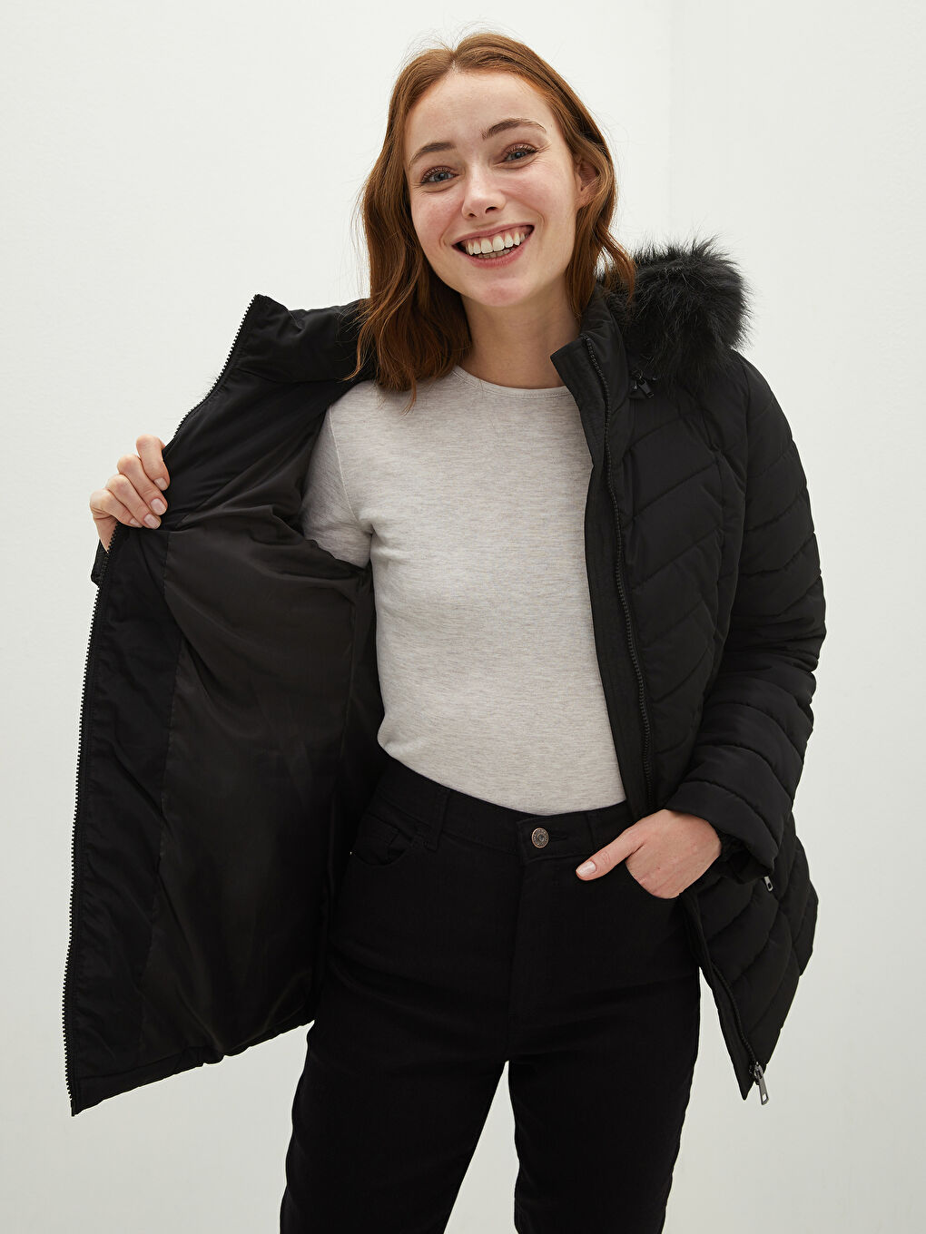 Geacă Matlasată Inflabilă Groasă Cu Glugă Mânecă Lungă Detaliu Buzunar pentru Femei-3