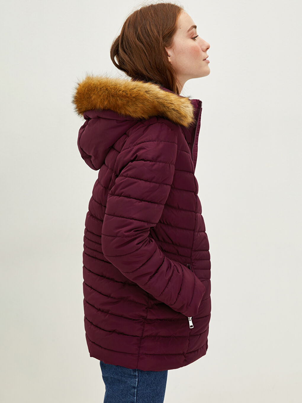 معطف منفوخ سميك مزود بغطاء رأس كم طويل بتفاصيل جيب للسيدات-5