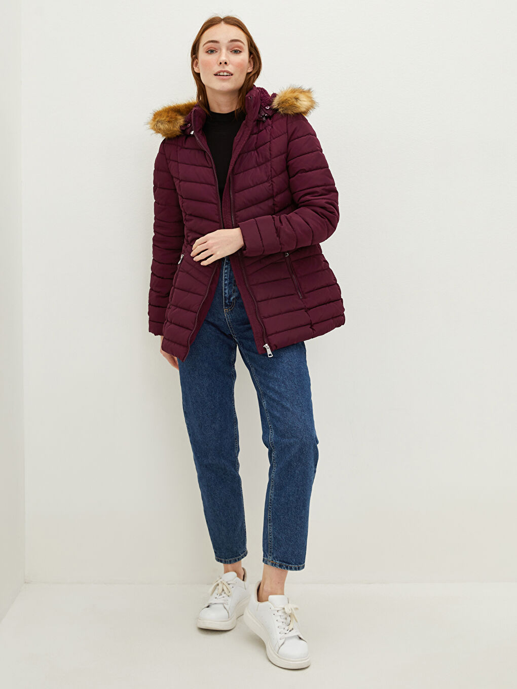 معطف منفوخ سميك مزود بغطاء رأس كم طويل بتفاصيل جيب للسيدات-8