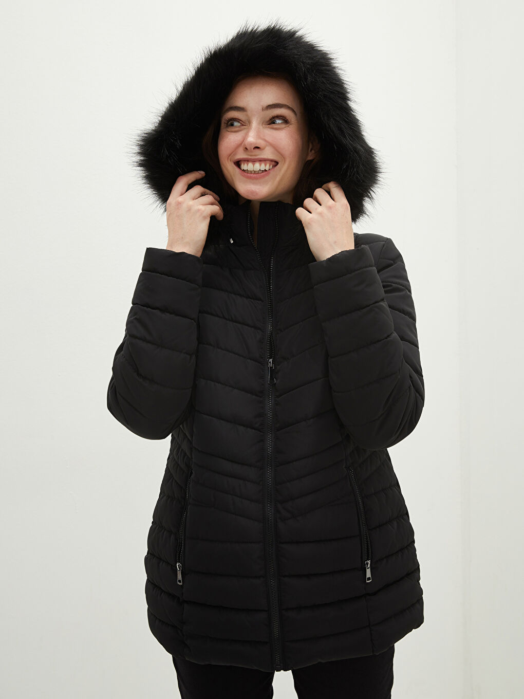 Geacă Matlasată Inflabilă Groasă Cu Glugă Mânecă Lungă Detaliu Buzunar pentru Femei-1