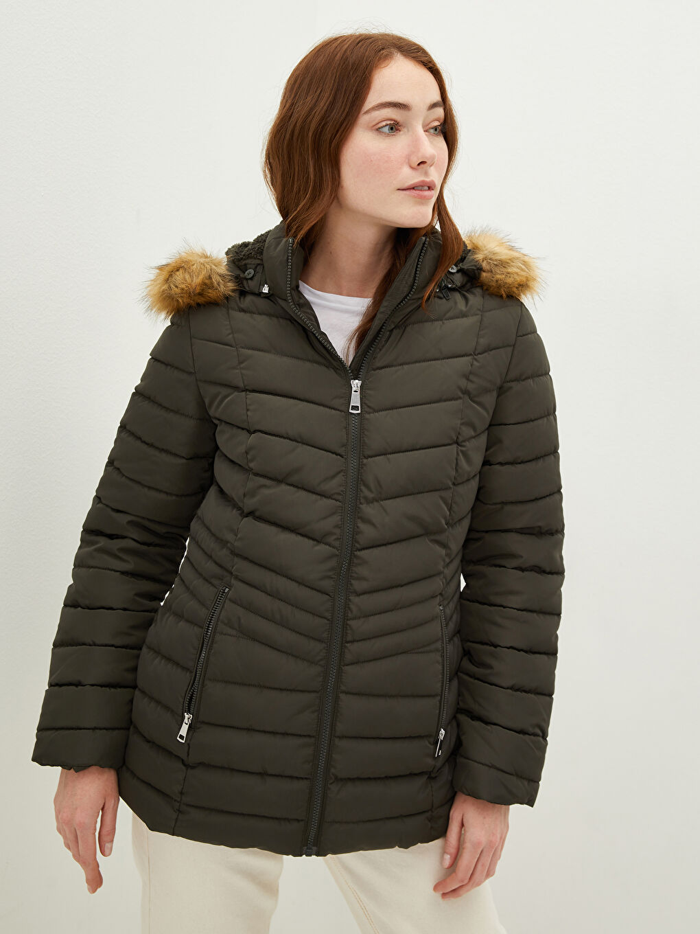 Hooded Flat Long Sleeve Pocket Detail Thick Women's Inflatable Coat-4