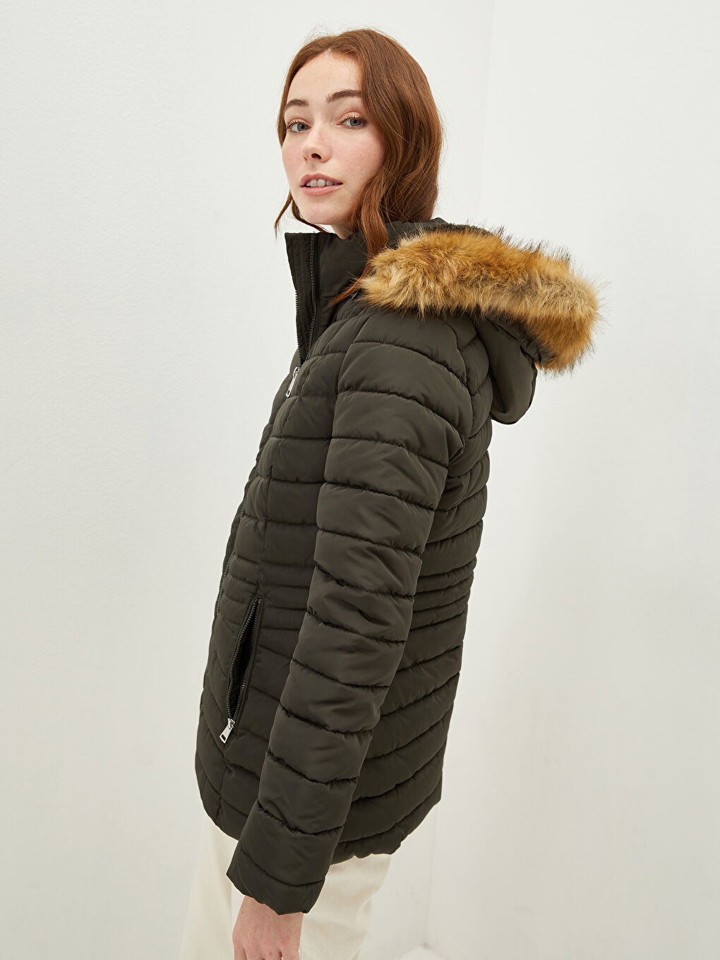 Hooded Flat Long Sleeve Pocket Detail Thick Women's Inflatable Coat