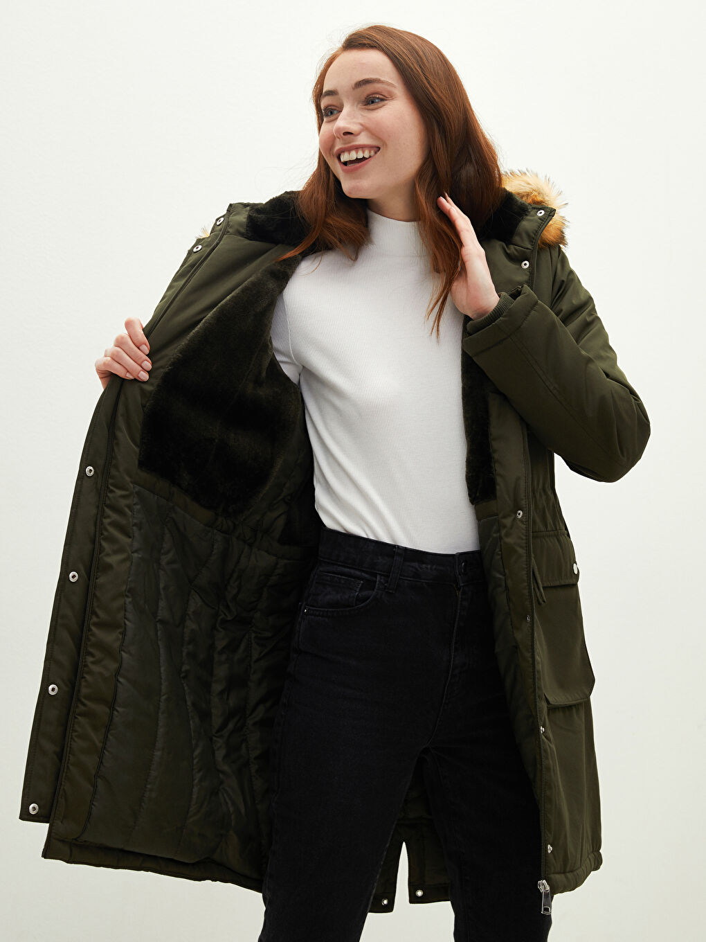 Women's Parka with Hooded Straight Long Sleeve Thick-2