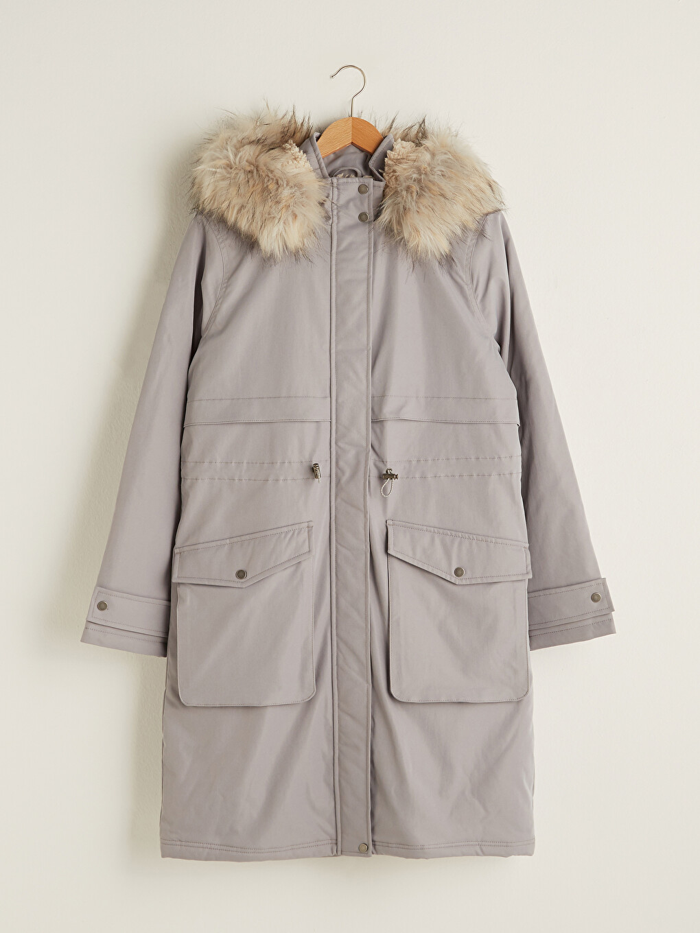 Women's Fur Detailed Hooded Plain Long Sleeve Plush Lined Thick Parka-6