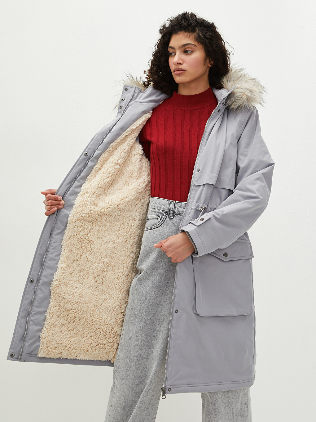 Women's Fur Detailed Hooded Plain Long Sleeve Plush Lined Thick Parka-1